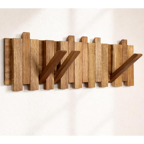 Porte-manteau mural en bois massif – Design rabattable gain de place, 8 crochets, style rustique naturel pour entrée, couloir ou salle de bain
