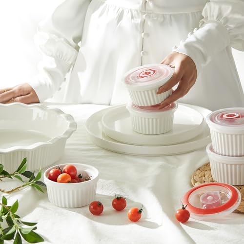 Image of Sweese 6-Pack 4 oz Porcelain Ramekins with Lids, White Souffle Dishes for Baking, Creme Brulee Cups, Oven-Friendly Pudding Custard Bowls - Versatile Kitchen Essentials for Baking and Storing