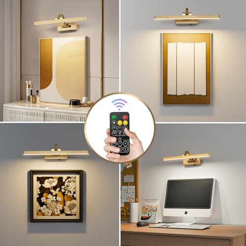 Image of Picture Lights for Wall Battery Operated 3 Colors Dimmable Lights for Pictures On Wall 15.56 Inch Brass Art Lighting for Paintings Wireless Gallery Light Poster Lights with Remote and Timer
