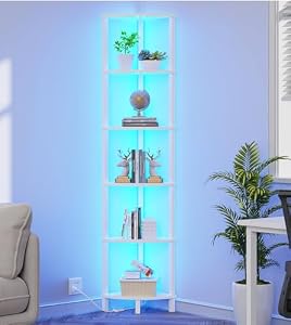 VIMBER (ヴィンバー) LEDライト付きコーナーシェルフ 6段コーナー本棚 工業用コーナーラダーシェルフ モダンなディスプレイシェルフ リビングルーム 寝室 キッチン ホームオフィス用 頑丈なフレーム ホワイト UJSJ002W