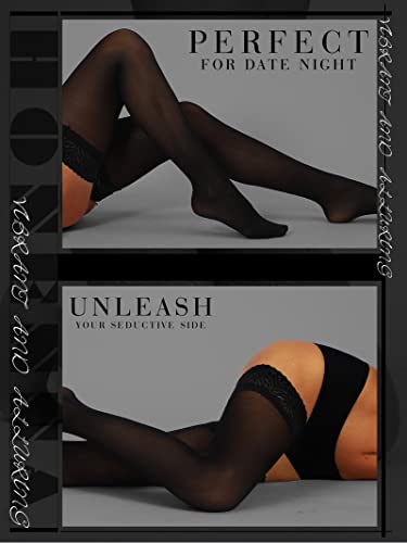 Honenna Semi Sheer Stay Up Lingerie Thigh High Stockings Lace Top Size A-F, 1 Pair Black, E/F #TOP4