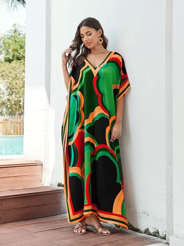 Image of IMAGEKOPE Women's Plus Size Loose Fit Moroccan Print V-Neck Batwing Kaftan Beach Dress Bathing Suit Cover Up