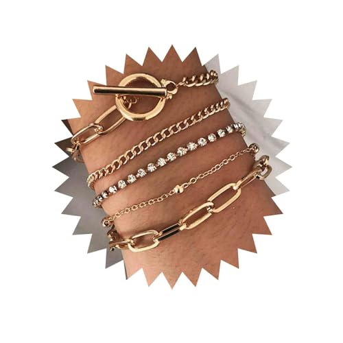 Cimenexe Pulsera punk de cadena de tenis en capas, pulsera de cadena de eslabones con clip de papel, pulsera de oro con barra de palanca, pulsera de tenis gruesa retro, pulsera de cristal de circonita