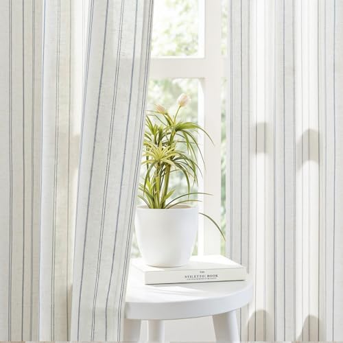 LuxeNook Blue Striped Linen Curtains,Light Filtering Drapes,2 Panels,52x84