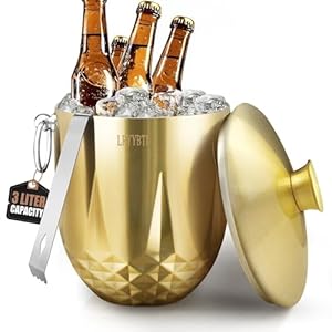 Ice Bucket with Lid,Tongs and Strainer (3L/Gold) Double Wall Stainless Steel Ice Bucket Keeps Frozen Longer, Insulated Ice Bucket Perfect for Parties, Cocktail bar, Chilling Wine, Champagne