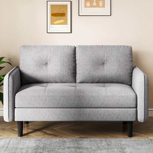 Image of Hello-5ive Modern 2 Seater Sofa, 148cm Fabric Small Sofa Couch with Spring Cushion and Storage Pocket, Comfy Upholstered Loveseat for Living Room, Bedroom, Apartment, Grey