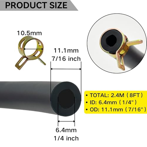 YGQ 1/4 ID Fuel Gas Line Hose fit for Briggs & Stratton Craftsman MTD Kawasaki Kohler Small Engines Generator Powersports w/ 20 Clamps Rubber Black 8 Feet - Thumbnail 2