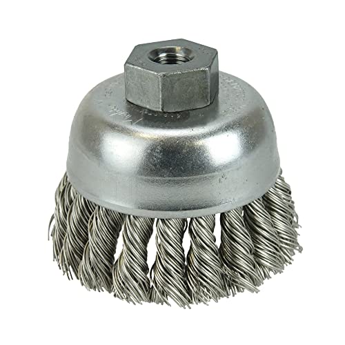 Image of Weiler 13256 2-3 /4 inch Single Row Knot Wire Cup Brush, .020 inch Stainless Steel Fill, 3 /8 inch-24 Unf Nut, Made in the USA
