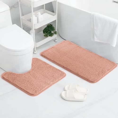 AUAUY Lot de 2 Tapis de Salle de Bain Antidérapant, Comprenant 1 Tapis de Bain(50 x 80 cm) et 1 Tapis WC (50 x 40 cm), pour Douche, Salle de Bain, Rose