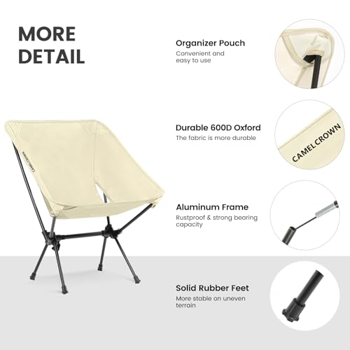 CAMEL CROWN Portable Camping Chair Folding Compact Lawn Lightweight Backpacking Chair with Carry Bag for Outdoor Hiking Beach Travel Picnic Festival White