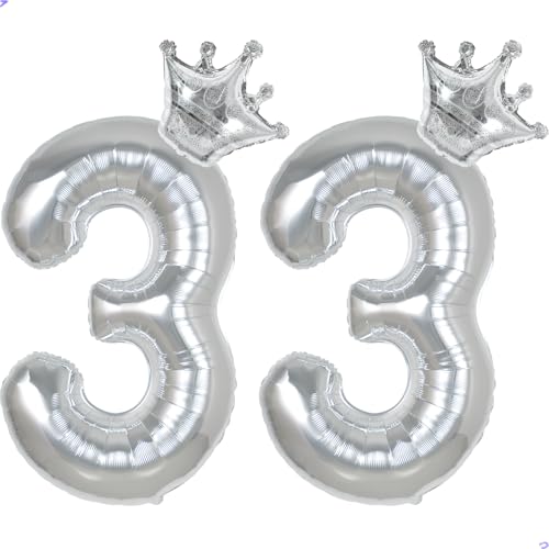 33 Balloon Numbers 40 inch Silver Number Balloon for 33th Birthday Decorations for Men Women, Giant Jumbo Foil Mylar 33 Birthday Decoration for Him Her