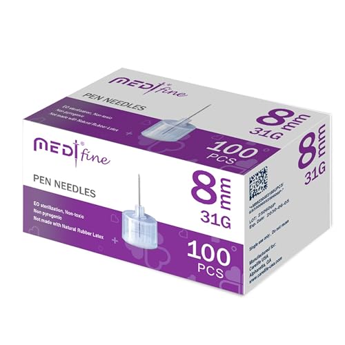 Medt Fine Insulin Pen Needles 31G 8mm - Ultra-Fine Diabetic Pen Needles Designed for Comfort Universal Fit for Most Pen-Style Devices Sterile Single-Use Pen Tips 100 Count (Pack of 1)