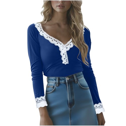 Lace Long Sleeve Tops for Women Y2K Tops Long Sleeve Lace Patchwork Tees Girls Slim Fit Cute T-Shirts Outfits