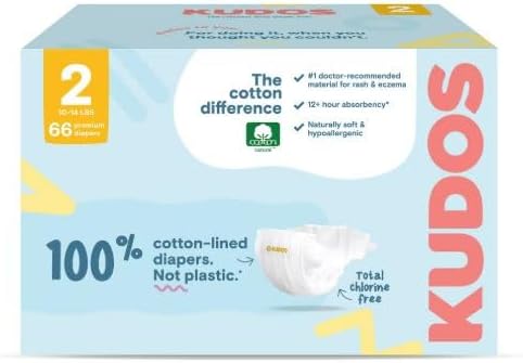 Kudos Chlorine Free Premium Diapers, 100% Cotton-Lined, Size 2, 6-16 lbs, 66 Count