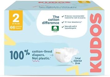 Kudos Chlorine Free Premium Diapers, 100% Cotton-Lined, Size 2, 6-16 lbs, 66 Count