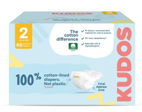 Image of Kudos Chlorine Free Premium Diapers, 100% Cotton-Lined, Size 2, 6-16 lbs, 66 Count