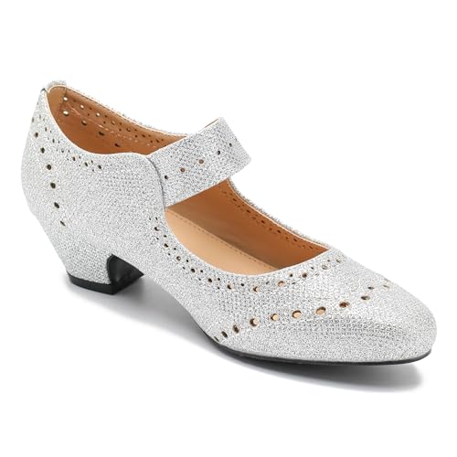 Women's Low Chunky Heel Ankle Strap Cut Out Closed Toe Pumps Hook and Loop Retro D'Orsay Vintage Dressy Wedding Party Church Shoes Silver Glitter 40-8.5US2
