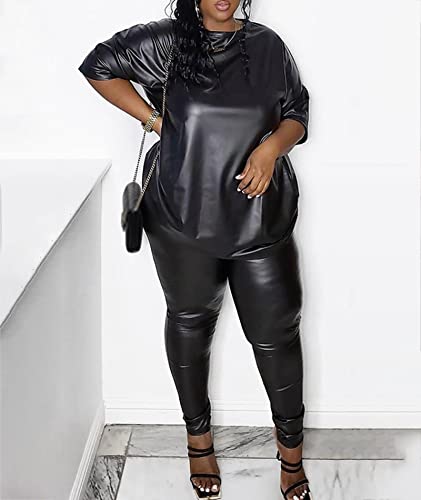 Sexyshine Women's 2 Piece Faux Leather Outfits Short Sleeve Tunic Bodycon Legging Pants Set Chic Club Streetwear Plus Size4