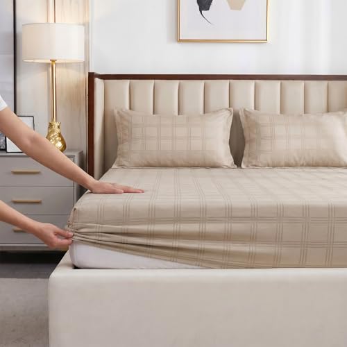 Image of Urban Space 100% Cotton 300TC Jacquard Fitted bedsheets for King Size Bed, Pure Cotton Bedsheet King Bed, Checks Fitted bedsheet King Size with 2 Pillow Covers (72 x 78 Inches, Beige Checks)