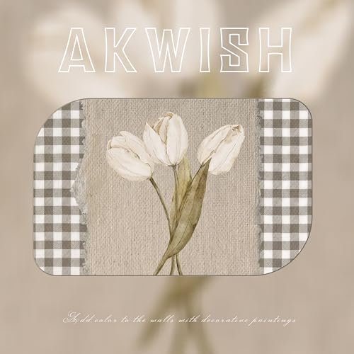 Image of Vintage White Tulips Framed Canvas Wall Art - Brown Gingham Botanical Painting Print, Rustic Farmhouse Floral Picture for Living Room Bedroom Nursery Office Home Decor 24x16 inch
