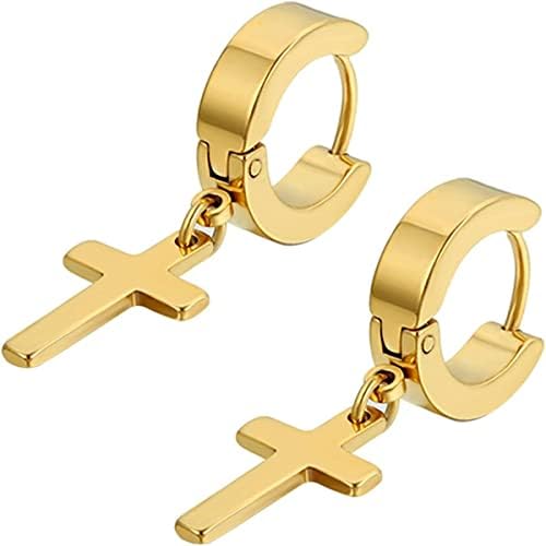 Cupimatch 3-6 Pairs Stainless Steel Cross Dangle Huggie Hinged Hoop Earrings for Men Women (1 Pair Gold Cross)