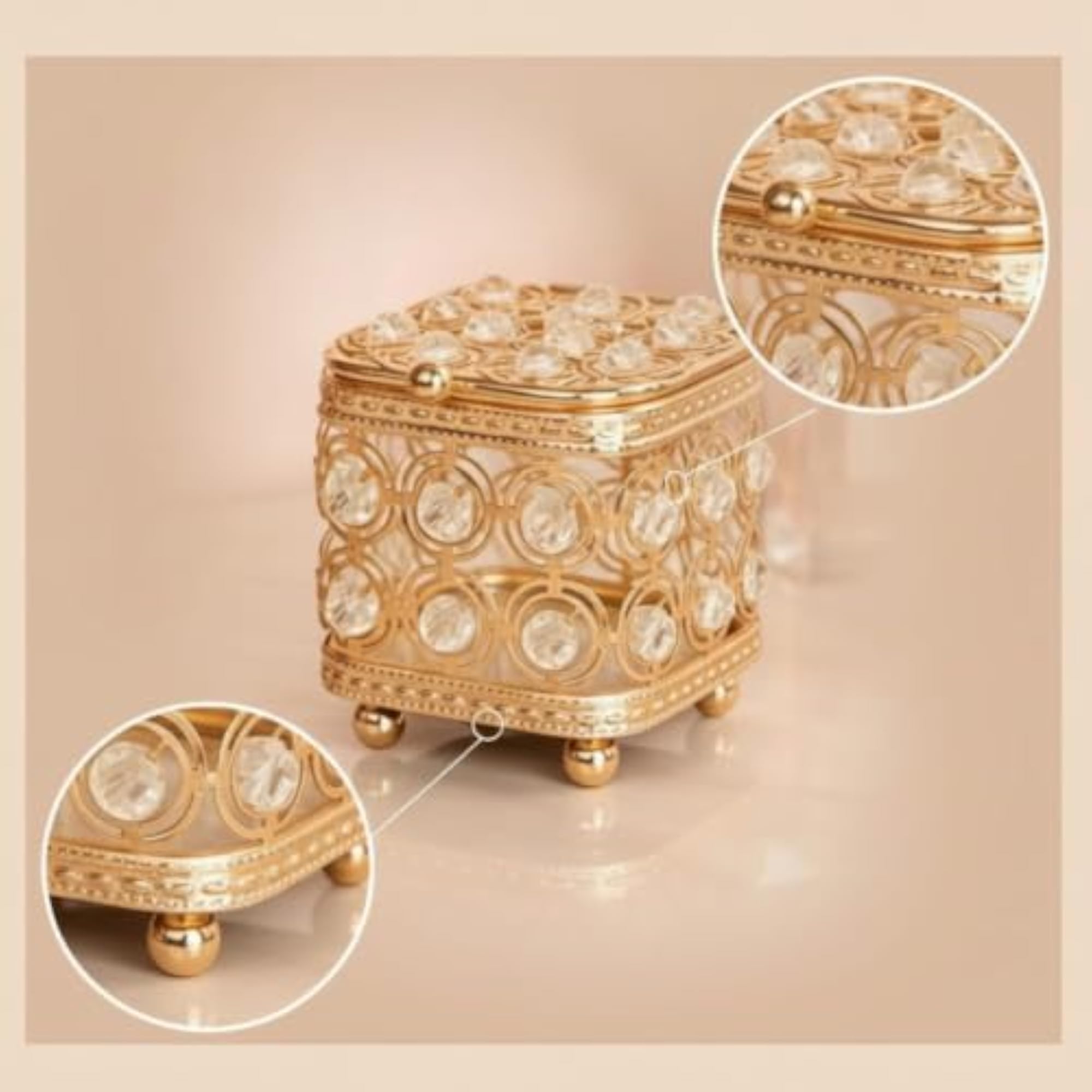 Gold-Tone Decorative Jewelry Box with Crystal Embellishments
