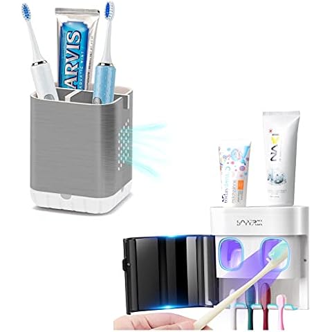 Boperzi Toothbrush Holders for Bathroom Counter Wall Mounted Automatic Toothpaste Dispenser Dustproof Cover Toothbrush Holder for Shower Bathroom Set with 2 Toothpaste Squeezers Cover