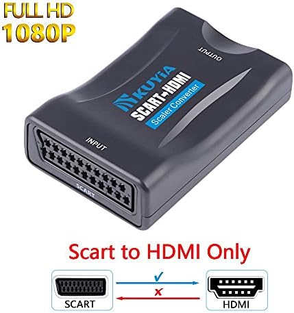 Scart to HDMI Converter with HDMI Cable,KUYiA SCART In HDMI Out Adaptor,Full HD 720P/1080P Switch Video Audio Upscale Converter for HDTV Monitor Projector STB VHS Xbox PS3 Sky Blu-ray DVD Player