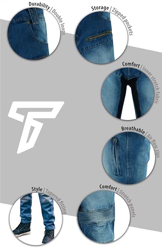 Texpeed Mens Motorcycle Motorbike Biker Trousers - Jeans Pants Made With 280Gsm Aramid And Protective Ce Armour (En 1621-1) - Tapered Fit Blue Denim - 34W / 31L - 6