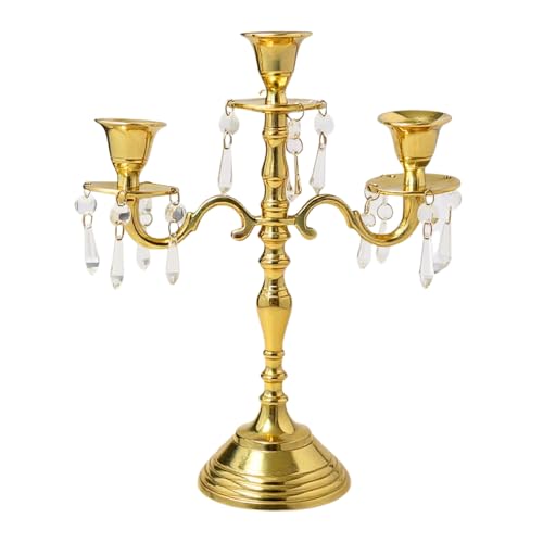 Image of Premium 3-Arm Candle Stand, Luxury Centerpiece with Crystal Hangings, Premium Aluminum Build, Sturdy Tabletop Base, Golden, 12inch