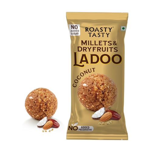 Image of Roasty Tasty Coconut - Millets & Dryfruits Ladoo | Energy Bar Replacement | No Added Sugar | No Artificial Flavor | Healthy Snacks | Rich in Proteins | Dry Fruits, Seeds & Nuts Mithai | 5 Pcs-40g each