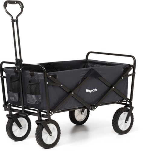 LifeGoods Carro Playa Ruedas Grandes - Carrito Plegable - Jardin - Ruedas Giratorias - 2 Soportes - Capacidad De Carga 70KG - Negro