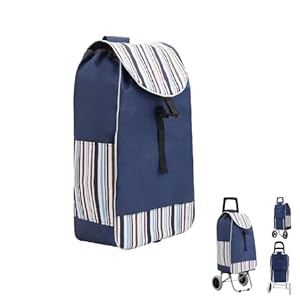 BREEZENEST Blue Shopping Trolley Bag - 33x20x57cm Oxford Fabric Reusable Cart Bag with Drawstring & Side Pockets