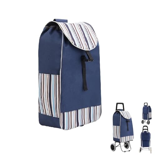 BREEZENEST Blue Shopping Trolley Bag - 33x20x57cm Oxford Fabric Reusable Cart Bag with Drawstring & Side Pockets