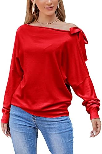 EXLURA Women's Boat Neck Sweater Off Shoulder Batwing Long Sleeve Tie Knot Asymmetrical Blouse Elegant Pullover Tops Red