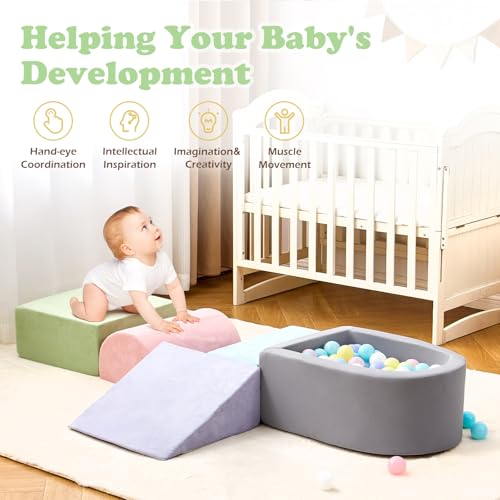 Climbing Toys for Toddlers , Foam Climbing Blocks with Ball Pit for Baby, 5-Piece Soft Toddlers Climbing Toy Indoor,Climbing Crawling Toys Soft Foam Blocks Activity Play Set(Balls not Included)