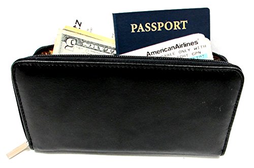 RFID Blocking Genuine Leather Women's Large Wallet Zipper Around Passport, Cash, Receipt, Boarding Pass 8 Credit Card Slot- Black