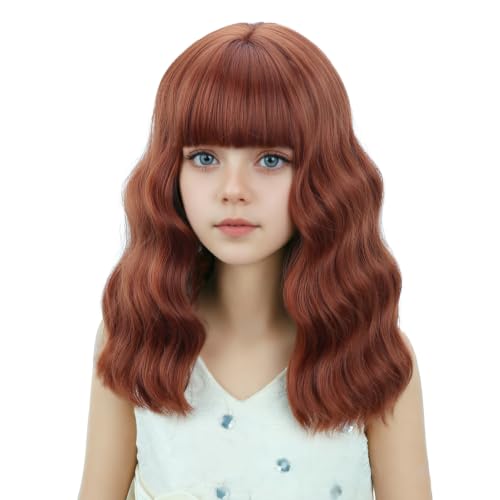 Dark Orange Wig with Bangs Auburn Wig Child Short Dark Orange Wig Short Wavy Curly Synthetic Wig with Wig Cap