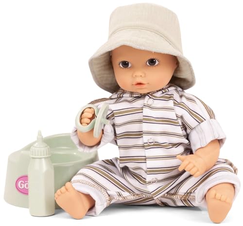 Götz 2453054 Aquini Girl Urban Stripes Puppe – 33 cm Badepuppe ohne Haare mit braunen gemalten Augen – 6 teiliges Set – Babypuppe ab 18 Monaten