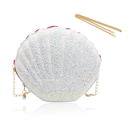 Bolsos de Mujer Elegante 3D en Forma de Concha - Bolso de Mano con Lentejuelas Brillantes y Cremallera Incluye 2 Cadenas Decorativas Compacto para Teléfono Móvil Lápiz Labial y Pañuelos Color Blanco