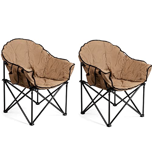 Safstar 2 Packs Oversized Camping Chair, Cushion Padded Moon Round Saucer Chair W/Cup Holder & Carry Bag, Portable Camp Chair, Outdoor Folding Chair For Beach Picnic, No Assembly Required (Brown) #TOP30