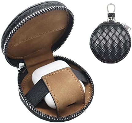 Jeriwell Earbuds Case with Keychain Clip Leather Earphone Cases Pouch for Wireless Headphone Plaid Weave Pattern Design Carrying Case for AirPods Pro 1/2/3 Generation (Black-Round)