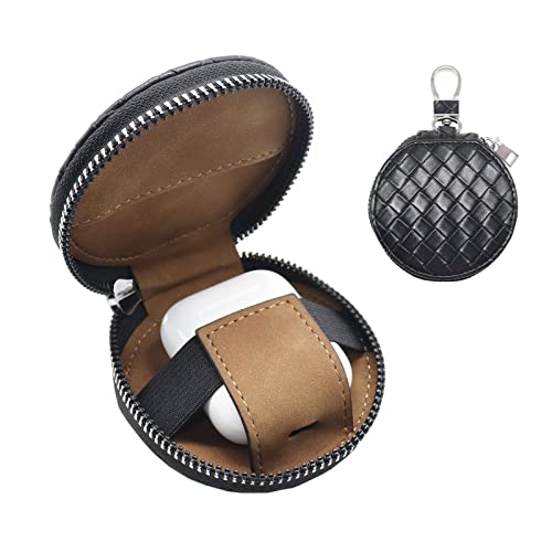 Jeriwell Earbuds Case With Keychain Clip Leather Earphone Cases Pouch For Wireless Headphone Plaid Weave Pattern Design Carrying Case For Airpods Pro 1/2/3 Generation (Black-Round) #TOP2