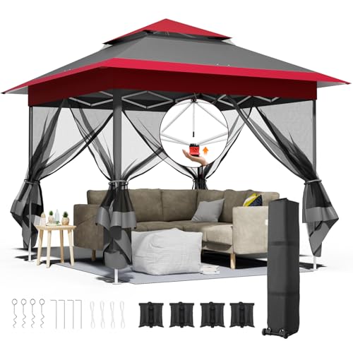 Pavillon 3,3x3,3 mit 4 Moskitonetz Seitenteilen, One Push Faltpavillon Wasserdicht Stabil, Doppeldach Partyzelt UV Schutz 50+, Gartenpavillon 4 PCS Sandsäcken, für Patio/Markt/Camping, Rot Grau Pavillon 3,3x3,3 mit 4 Moskitonetz Seitenteilen, One Push Faltpavillon Wasserdicht Stabil, Doppeldach Partyzelt UV Schutz 50+, Gartenpavillon 4 PCS Sandsäcken, für Patio/Markt/Camping, Rot Grau