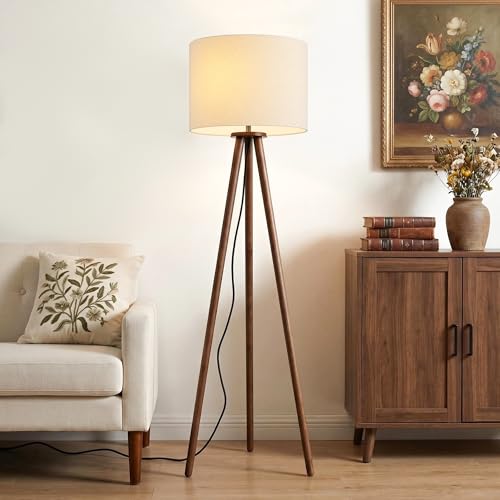 Buruis 60.6 Inch Walnut Wood Tripod Floor Lamp with Linen Drum Shade, Beige