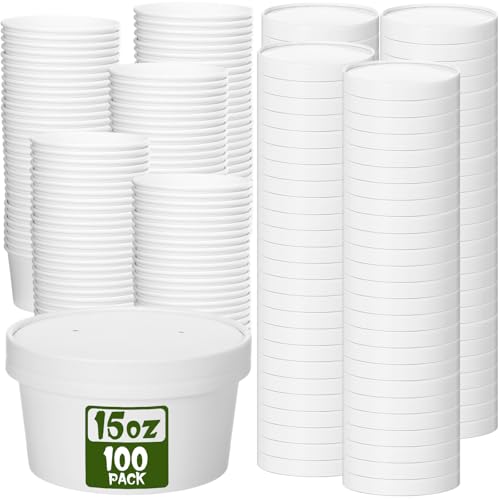 Image of Fulmoon 15 oz 100 Pack Paper Containers with Lids Soup Bowl Cup, White
