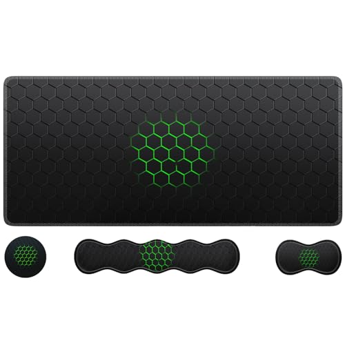 HAOCOO Keyboard Mouse Pad Set, Large Gaming Mouse Pad + Keyboard Wrist Rest + Mouse Pad with Wrist Support + Coaster, Easy Typing Pain Relief, 35.4x15.7in Desk Mat for Home Office, Honeycomb