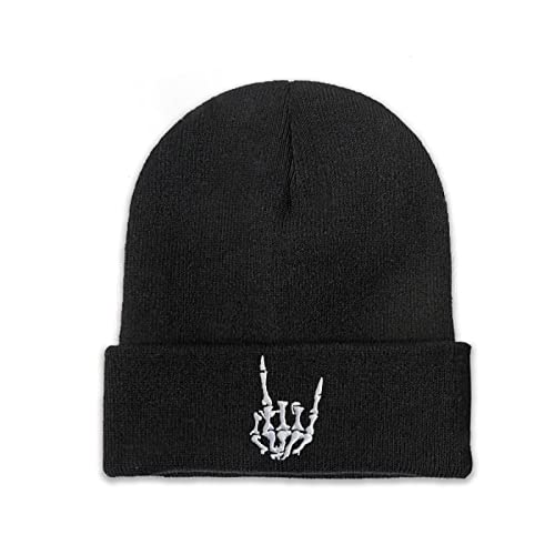 Horned Hand Beanie Hat for Men Women Knit Winter Cap Embroidered Skull Finger Caps Black, Horned Hand, One size