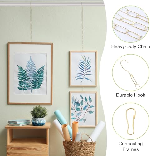 Image of Picture Hanging Kit, 3Pcs 1.1M Iron Chains with Hook & 9Pcs Small Hooks Picture Display System Accessories for Wall Pictures, Exhibition(Gold, Thickened Chain)