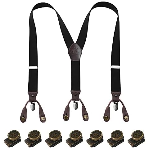 Braces for Men Trousers Heavy Duty, 2 in 1 Mens Braces 35MM Wide Suspenders with Strong Clips and No Sew Moveable Button Clips Elasticated Cross Braces Adjustable Y-Back Genuine Leather Trimmed Button Cover